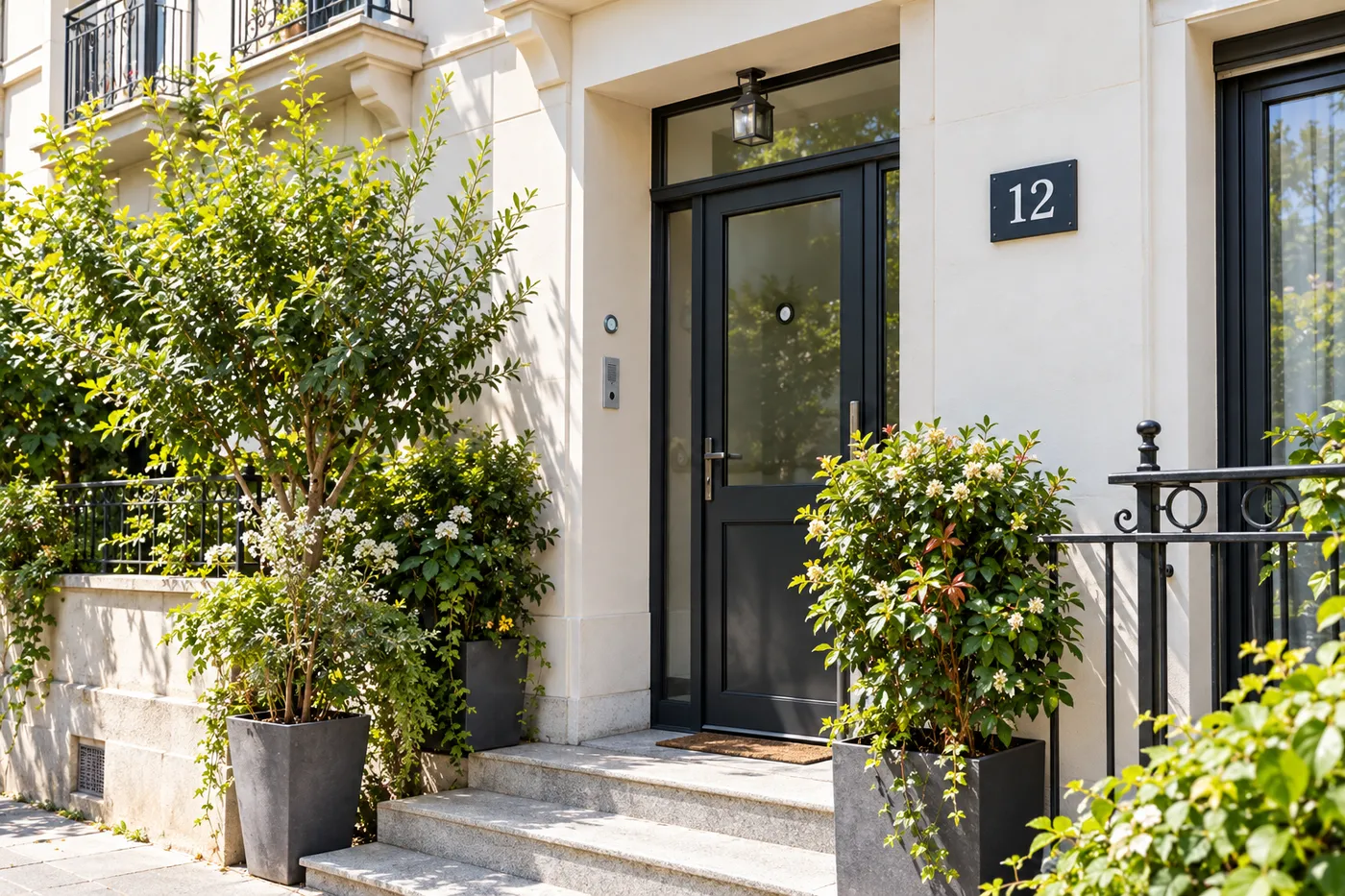 Entrée d'un petit immeuble clair de Montreuil, porte vitrée anthracite fermée encadrée de plantes en pot