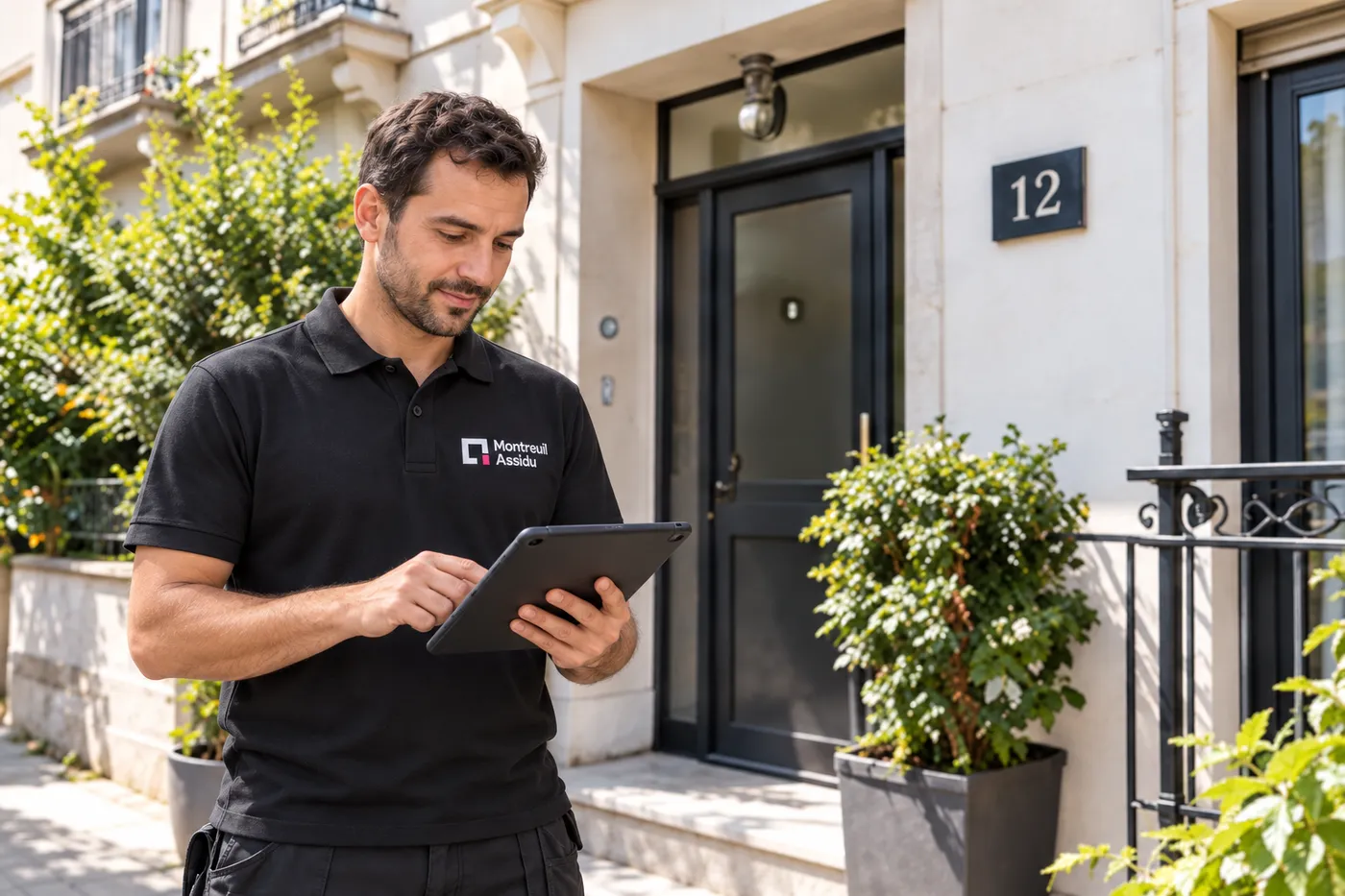 Artisan Montreuil Assidu en polo noir consultant sa tablette devant l'entrée d'un immeuble de Montreuil